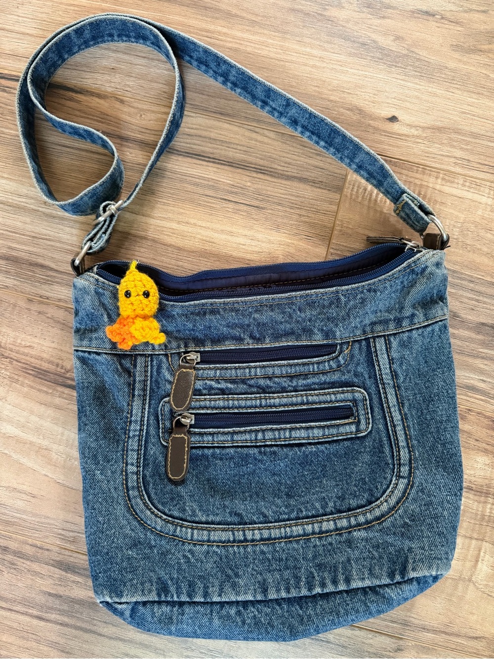Vintage 90s Denim Crossbody Bag with Cute Crochet Octopus Keychain